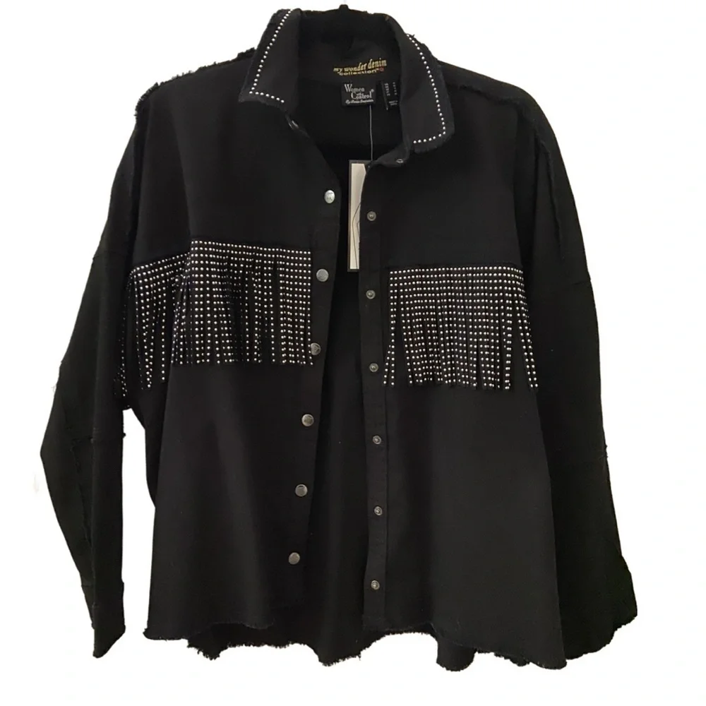 Women With Control My Wonder Denim Fringe Jacket Black Small